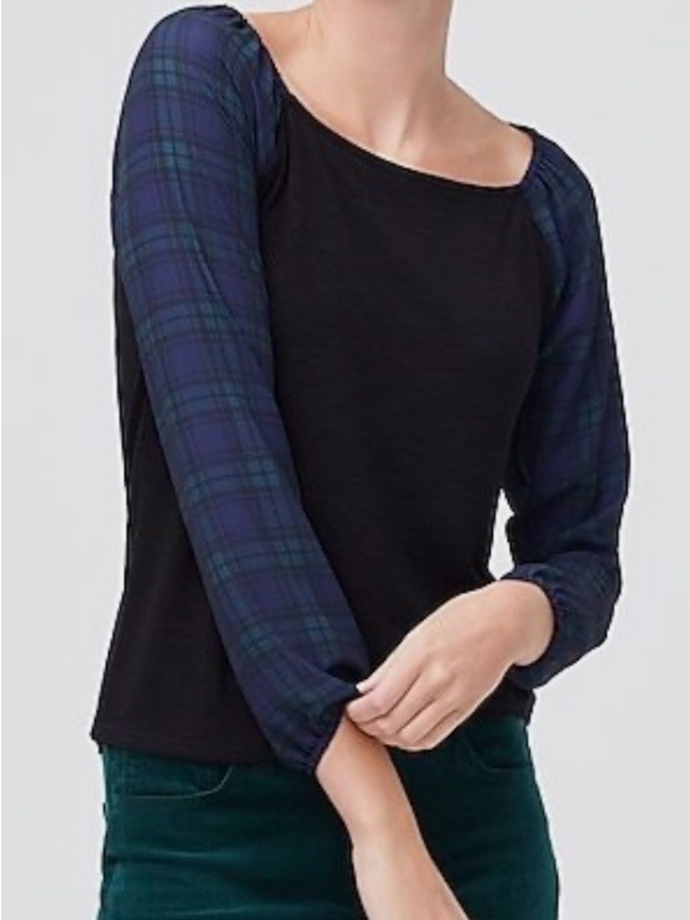 J Crew  Black Square Neck Top with Blackwatch Plaid Sleeves